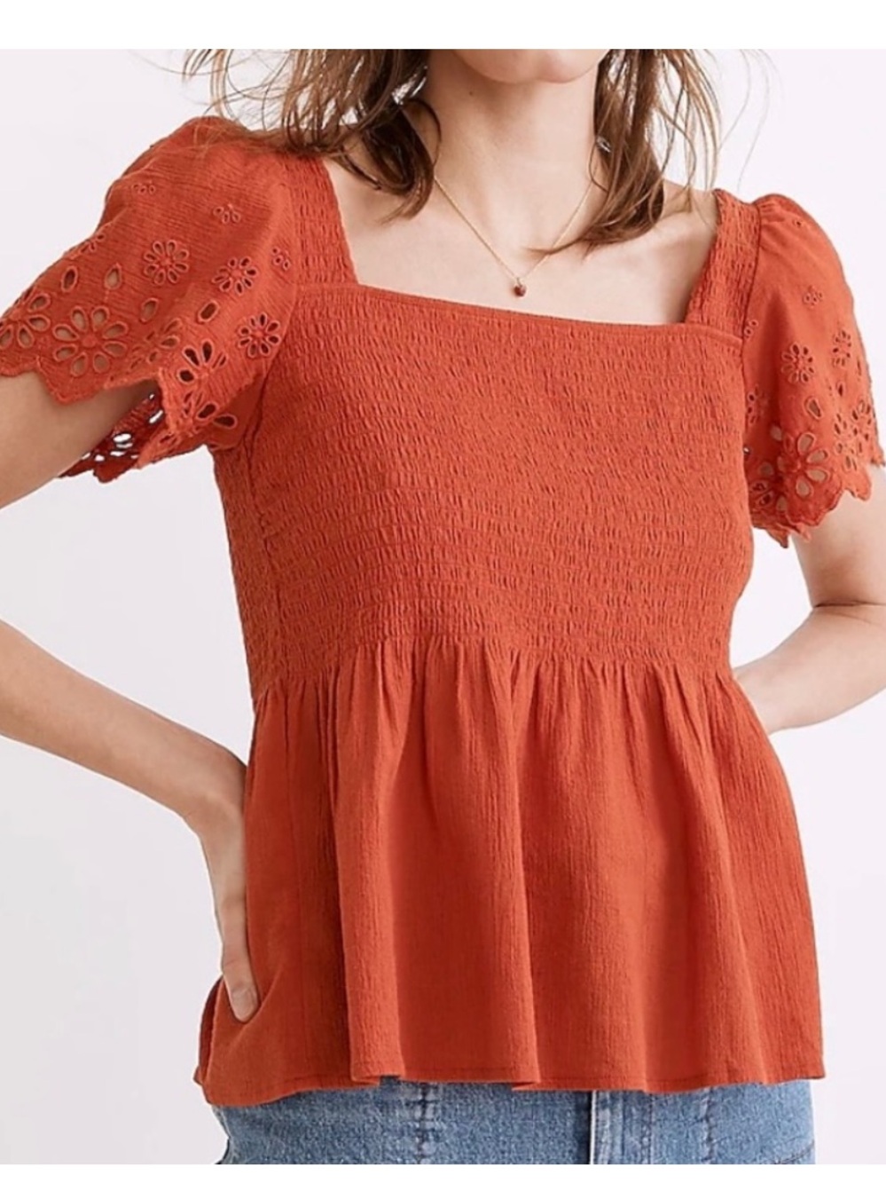 Madewell smocked eyelet peplum Lucie top